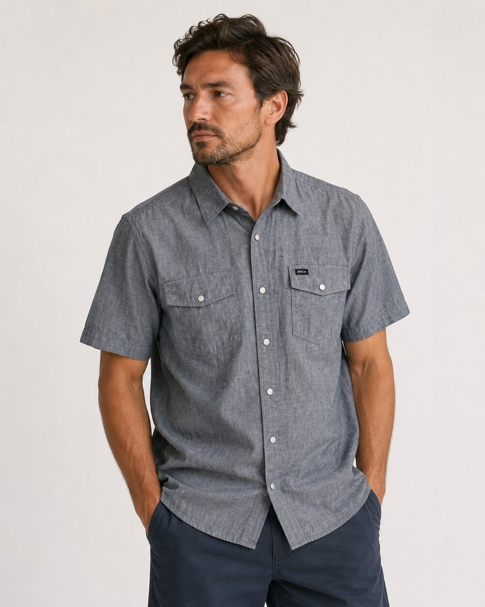 RVCA Men’s Chambray Snap Button Work Shirt Blue Gray Flecked Utility SS Sz Large